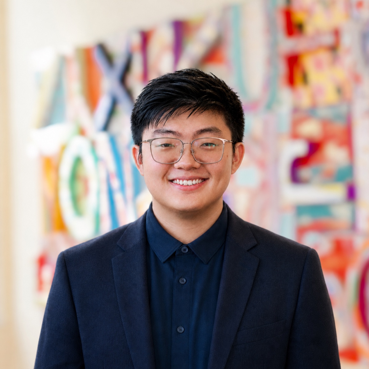 Portrait of Hongming (Chip) Li in front of colorful artwork